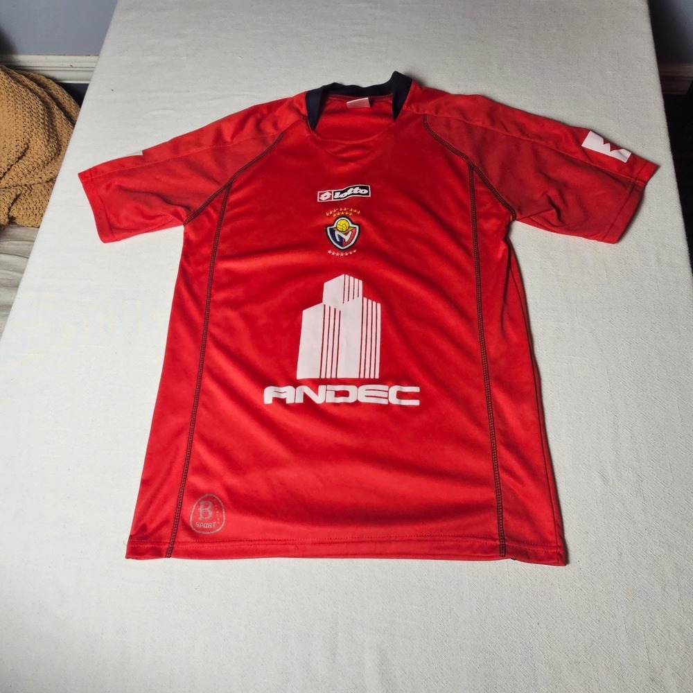 Lotto CD El Nacional Soccer Jersey Red Short Sleeve ANDEC Sponsor Mens Large